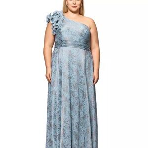 One-Shoulder formal Dress in Light Blue with Rosette Accent